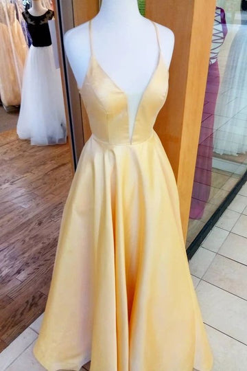 yellow prom dresses, criss cross yellow prom dresses, spaghetti strap yellow prom dresses, a line yellow prom dresses HZ1023
